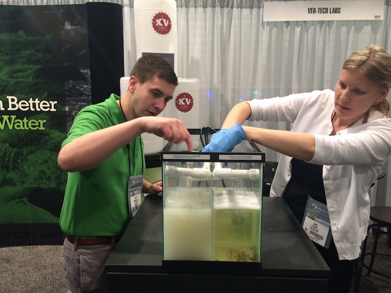 Our technical director, Jami Sloan (R) and chemist Scott Hommerding (L) set up a simple system demonstrating what happens to your reclaim system when you use non-reclaim compatible products.  Using Ver-tech Labs reclaim compatible products will keep your system running and clear. Non-reclaim compatible products will impair the operation of the system.