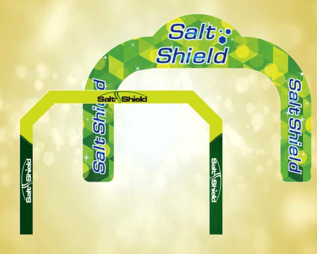 Custom Arches for Salt Shield: Ver-tech Labs will work with you and your selected vendor on custom graphics for all types of arches and panels for arches. Arches vary in size and most provide vehicle clearance of 90-92"H x 109-113"W. Entrance type of arches with large die cut graphics panels can be as large as 131"H x 155"W. Smaller arches customized with a simple die cut top panel can be 99"H x 134"W.